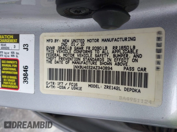 2010 Toyota Corolla with VIN 1NXBU4EE2AZ340894, listed as a IAAI auction lot 42364053 with 171,261 mi miles and . Bid and sale history available at DreamBid. Image 9.