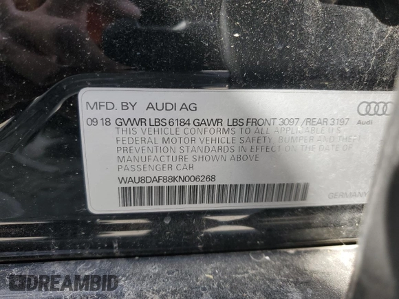 2019 Audi A8 L with VIN WAU8DAF88KN006268, listed as a Copart auction lot 54173805 with 0 mi miles and Clean Title. Bid and sale history available at carsss.com. Image 13.