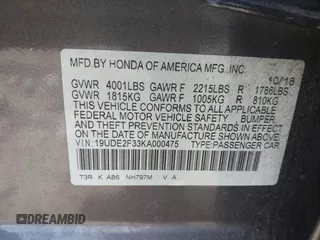 2019 Acura ILX with VIN 19UDE2F33KA000475, listed as a IAAI auction lot 41680296 with 67,053 mi miles. Bid and sale history available at carsss.com. Image 9.