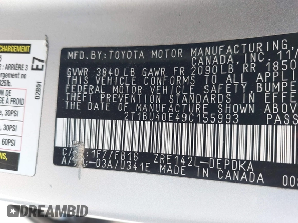 2009 Toyota Corolla with VIN 2T1BU40E49C155993, listed as a IAAI auction lot 41588637 with 183,548 mi miles. Bid and sale history available at carsss.com. Image 9.