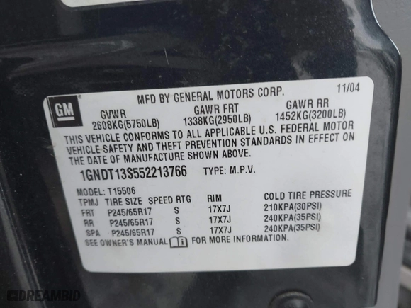 2005 Chevrolet TrailBlazer LT with VIN 1GNDT13S552213766, listed as a IAAI auction lot 41351570 with 114,984 mi miles. Bid and sale history available at carsss.com. Image 9.