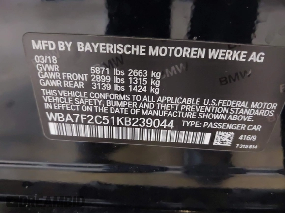 2019 BMW 7 Series 750i xDrive with VIN WBA7F2C51KB239044, listed as a IAAI auction lot 42756026 with 65,028 mi miles and . Bid and sale history available at DreamBid. Image 9.