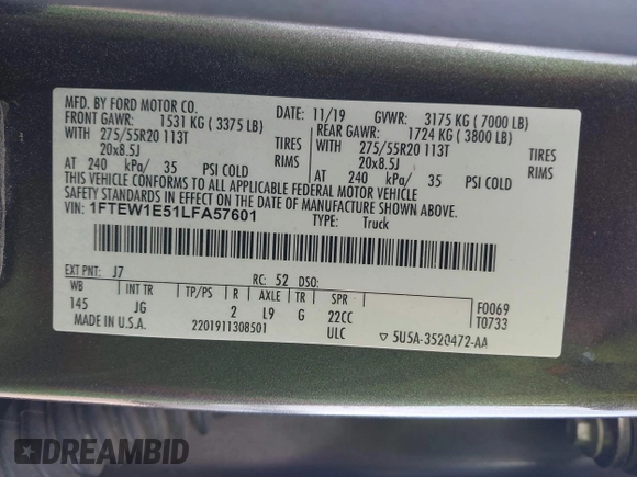 2020 Ford F-150 XL z VIN 1FTEW1E51LFA57601, wystawiony jako IAAI lot #42143352 z przebiegiem 266 300 mil mil oraz . Historia ofert i sprzedaży dostępna na DreamBid. Obrazek 9.