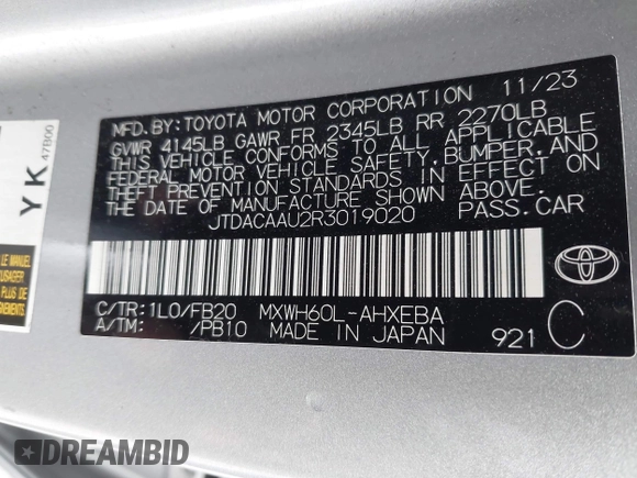 2024 Toyota Prius LE z VIN JTDACAAU2R3019020, wystawiony jako IAAI lot #42128983 z przebiegiem 42 049 mil mil oraz . Historia ofert i sprzedaży dostępna na DreamBid. Obrazek 9.