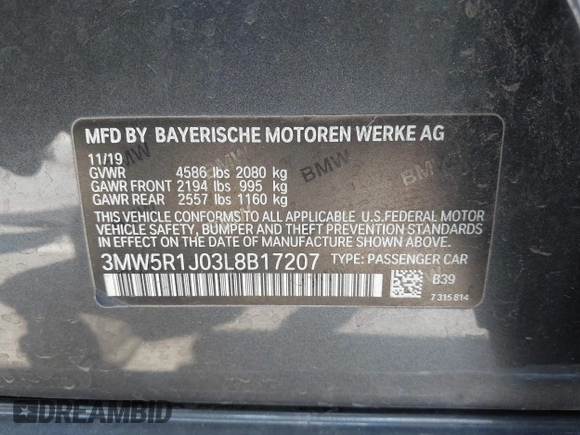 2020 BMW 3 Series 330i z VIN 3MW5R1J03L8B17207, wystawiony jako IAAI lot #42090508 z przebiegiem 105 982 mil mil oraz . Historia ofert i sprzedaży dostępna na DreamBid. Obrazek 9.