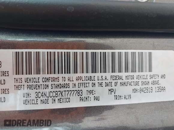 2019 Jeep Compass Limited с VIN 3C4NJCCB7KT777783, выставлен на аукционе IAAI как лот 42172163 с пробегом 68 487 миль миль и . История ставок и продаж доступна на DreamBid. Изображение 9.