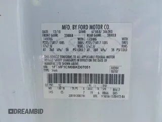 2011 Ford F-150 XL with VIN 1FTMF1CM0BKD07051, listed as a IAAI auction lot 42422902 with 355,850 mi miles and . Bid and sale history available at DreamBid. Image 9.