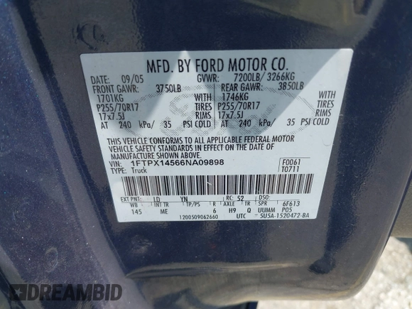 2006 Ford F-150 XLT with VIN 1FTPX14566NA09898, listed as a IAAI auction lot 42394971 with 202,587 mi miles and . Bid and sale history available at DreamBid. Image 9.