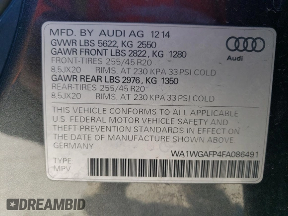 2015 Audi Q5 Prestige with VIN WA1WGAFP4FA086491, listed as a Copart auction lot 85659774 with 84,413 mi miles and Salvage title. Bid and sale history available at DreamBid. Image 12.