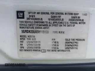 2003 Hummer H2 with VIN 5GRGN23U83H116139, listed as a IAAI auction lot 41495435 with Not Provided miles. Bid and sale history available at carsss.com. Image 9.
