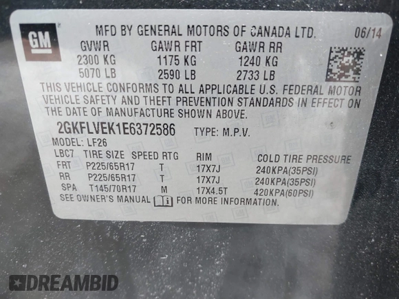 2014 GMC Terrain SLE with VIN 2GKFLVEK1E6372586, listed as a IAAI auction lot 41463610 with 160,992 mi miles and . Bid and sale history available at DreamBid. Image 9.