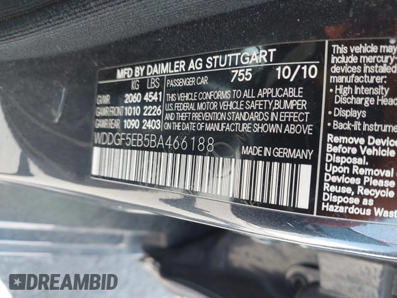 2011 Mercedes-Benz C 300 Sport with VIN WDDGF5EB5BA466188, listed as a IAAI auction lot 42514307 with 162,296 mi miles and . Bid and sale history available at DreamBid. Image 9.