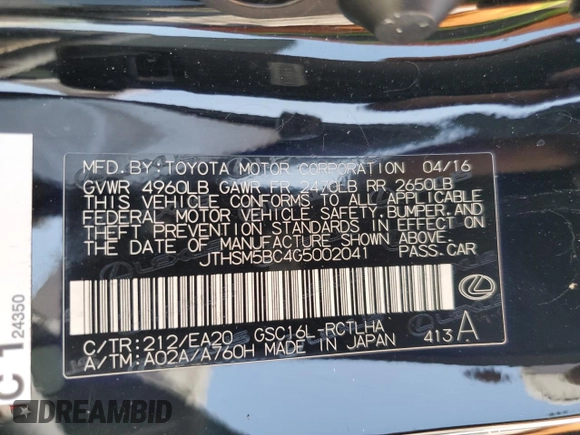 2016 Lexus RC 300 F Sport with VIN JTHSM5BC4G5002041, listed as a Copart auction lot 59631395 with 105,699 mi miles and Salvage title. Bid and sale history available at DreamBid. Image 12.