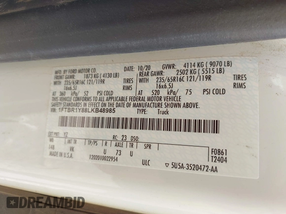 2020 Ford Transit Cargo with VIN 1FTBR1Y88LKB48985, listed as a IAAI auction lot 42009136 with 127,124 mi miles and . Bid and sale history available at DreamBid. Image 9.