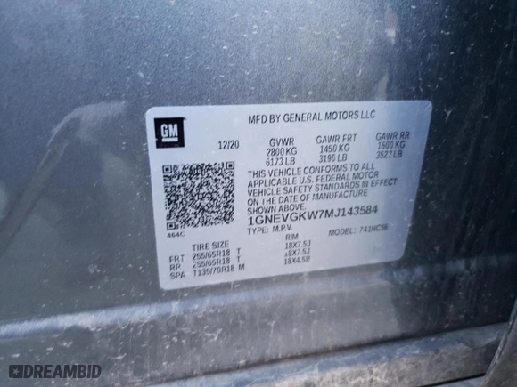 2021 Chevrolet Traverse LT Cloth with VIN 1GNEVGKW7MJ143584, listed as a Copart auction lot 46053565 with 98,066 mi miles and Salvage Title. Bid and sale history available at carsss.com. Image 14.