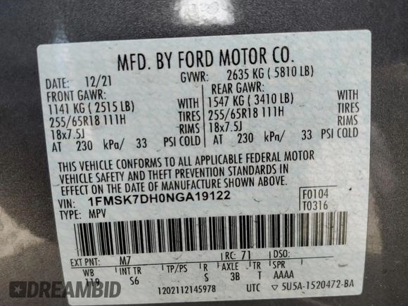 2022 Ford Explorer XLT z VIN 1FMSK7DH0NGA19122, wystawiony jako Copart lot #46834415 z przebiegiem 43 487 mil mil oraz Szkoda całkowita • Salvage title. Historia ofert i sprzedaży dostępna na DreamBid. Obrazek 16.