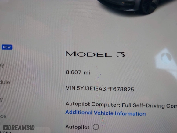 2023 Tesla Model 3 with VIN 5YJ3E1EA3PF678825, listed as a IAAI auction lot 41283153 with 8,607 mi miles. Bid and sale history available at carsss.com. Image 7.