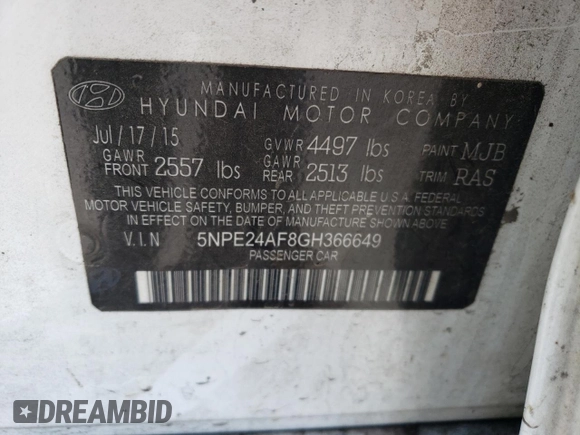 2016 Hyundai Sonata SE with VIN 5NPE24AF8GH366649, listed as a Copart auction lot 66293453 with 95,268 mi miles and Salvage title. Bid and sale history available at DreamBid. Image 12.