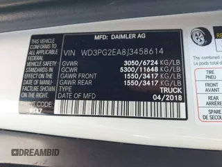 2018 Mercedes-Benz Metris Cargo with VIN WD3PG2EA8J3458614, listed as a IAAI auction lot 41424959 with 69,824 mi miles. Bid and sale history available at carsss.com. Image 9.