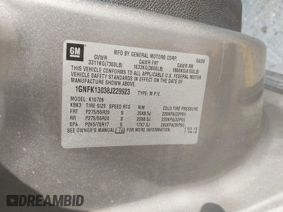 2008 Chevrolet Tahoe LTZ with VIN 1GNFK13038J229923, listed as a IAAI auction lot 42603414 with 187,981 mi miles and . Bid and sale history available at DreamBid. Image 9.