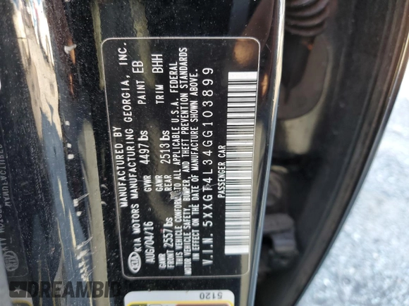2016 Kia Optima LX with VIN 5XXGT4L34GG103899, listed as a Copart auction lot 52965495 with Not Provided miles and Non Repairable. Bid and sale history available at carsss.com. Image 12.