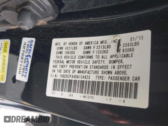 2013 Honda Accord EX-L with VIN 1HGCR2F84DA104925, listed as a IAAI auction lot 42136956 with Not Provided miles and . Bid and sale history available at DreamBid. Image 9.