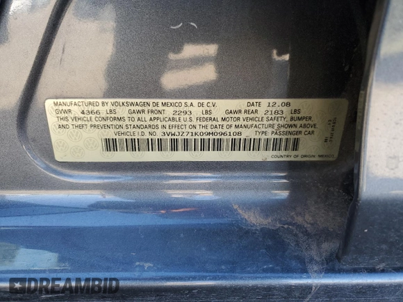 2009 Volkswagen Jetta S с VIN 3VWJZ71K09M096108, выставлен на аукционе Copart как лот 42827285 с пробегом 159 129 миль миль и Списание • Salvage title. История ставок и продаж доступна на DreamBid. Изображение 12.