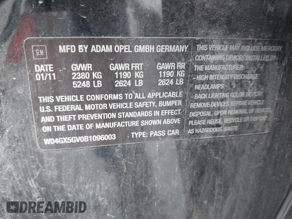 2011 Buick Regal CXL Turbo TO3 с VIN W04GX5GV0B1096003, выставлен на аукционе IAAI как лот 42658082 с пробегом 119 462 миль миль и . История ставок и продаж доступна на DreamBid. Изображение 9.