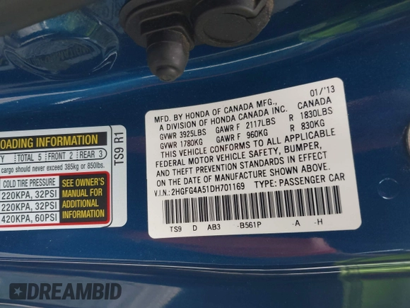 2013 Honda Civic Si with VIN 2HGFG4A51DH701169, listed as a IAAI auction lot 42461250 with 111,052 mi miles and . Bid and sale history available at DreamBid. Image 9.