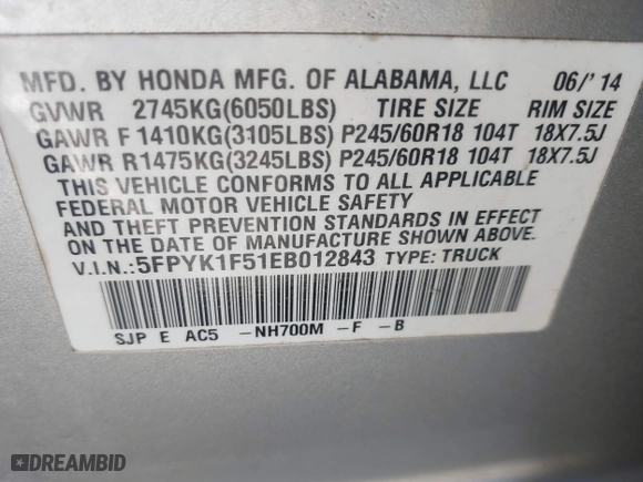 2014 Honda Ridgeline RTL with VIN 5FPYK1F51EB012843, listed as a IAAI auction lot 41629002 with 114,761 mi miles. Bid and sale history available at carsss.com. Image 9.