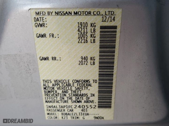 2015 Nissan Altima 2.5 with VIN 1N4AL3AP1FC240552, listed as a Copart auction lot 88729865 with 389,420 mi miles and Clean Title. Bid and sale history available at carsss.com. Image 12.