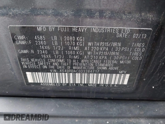 2013 Subaru Outback 2.5i with VIN 4S4BRBAC0D3284717, listed as a IAAI auction lot 42520183 with 178,240 mi miles and . Bid and sale history available at DreamBid. Image 9.