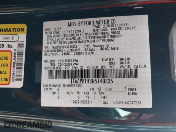 2022 Ford Mustang EcoBoost with VIN 1FA6P8TH8N5140335, listed as a IAAI auction lot 42507630 with 9,724 mi miles and . Bid and sale history available at DreamBid. Image 9.
