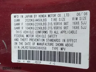 2006 Honda CR-V EX with VIN JHLRD78896C060058, listed as a IAAI auction lot 41847068 with 238,809 mi miles. Bid and sale history available at carsss.com. Image 9.