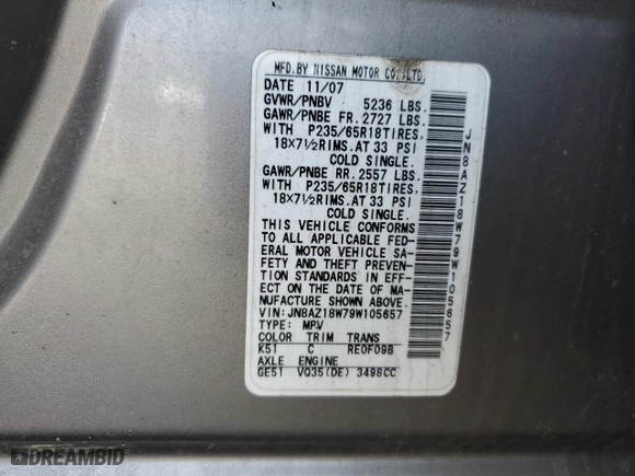 2009 Nissan Murano S with VIN JN8AZ18W79W105657, listed as a Copart auction lot 51283345 with 152,356 mi miles and Salvage Title. Bid and sale history available at carsss.com. Image 15.
