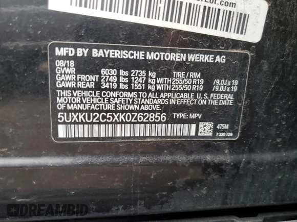 2019 BMW X6 xDrive35i with VIN 5UXKU2C5XK0Z62856, listed as a Copart auction lot 49813375 with 87,183 mi miles and Salvage Title. Bid and sale history available at carsss.com. Image 11.