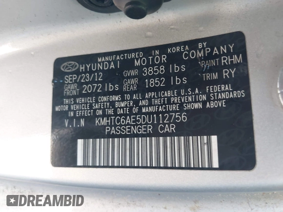 2013 Hyundai Veloster Turbo with VIN KMHTC6AE5DU112756, listed as a IAAI auction lot 42854505 with 99,015 mi miles and . Bid and sale history available at DreamBid. Image 9.