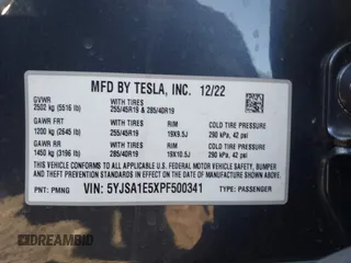 2023 Tesla Model S with VIN 5YJSA1E5XPF500341, listed as a IAAI auction lot 40756406 with 11,583 mi miles and . Bid and sale history available at DreamBid. Image 9.