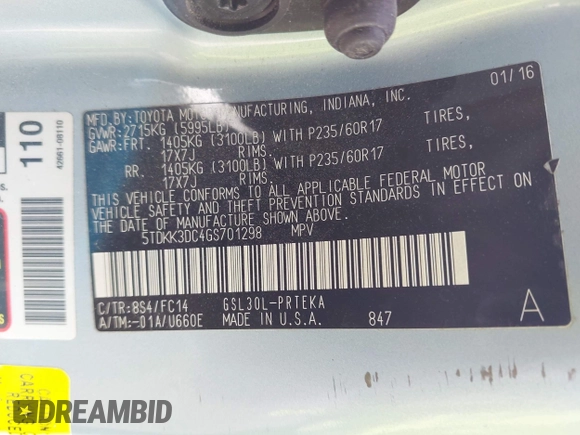 2016 Toyota Sienna LE AAS with VIN 5TDKK3DC4GS701298, listed as a IAAI auction lot 42115591 with 94,729 mi miles and . Bid and sale history available at DreamBid. Image 9.