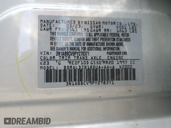2023 Nissan Sentra SV z VIN 3N1AB8CV9PY278371, wystawiony jako Copart lot #56015105 z przebiegiem 57 421 mil mil oraz Szkoda całkowita • Salvage title. Historia ofert i sprzedaży dostępna na DreamBid. Obrazek 13.