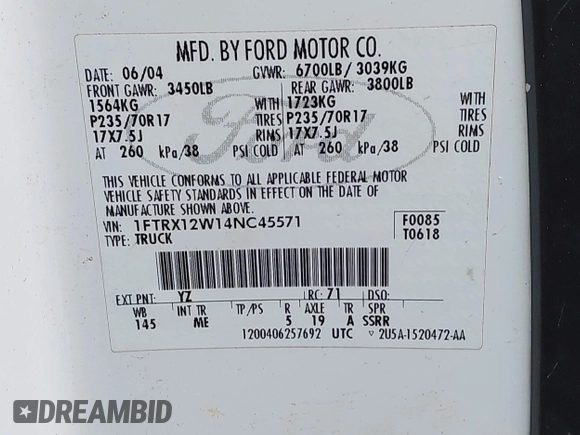 2004 Ford F-150 STX with VIN 1FTRX12W14NC45571, listed as a IAAI auction lot 42494193 with 358,034 mi miles and . Bid and sale history available at DreamBid. Image 9.