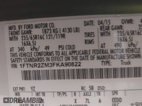 2015 Ford Transit с VIN 1FTNR2ZM3FKA90822, выставлен на аукционе IAAI как лот 42374269 с пробегом 145 279 миль миль и . История ставок и продаж доступна на DreamBid. Изображение 9.