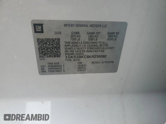 2019 GMC Yukon SLT with VIN 1GKS1BKC6KR236082, listed as a Copart auction lot 45750125 with 0 mi miles and Salvage Title. Bid and sale history available at carsss.com. Image 12.