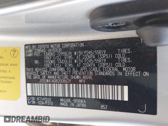 2008 Toyota Highlander Hybrid with VIN JTEEW41A082008629, listed as a IAAI auction lot 41958264 with 187,934 mi miles. Bid and sale history available at carsss.com. Image 9.