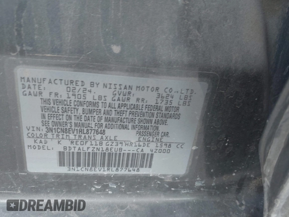 2024 Nissan Versa SV z VIN 3N1CN8EV1RL877648, wystawiony jako IAAI lot #42211446 z przebiegiem 13 477 mil mil oraz . Historia ofert i sprzedaży dostępna na DreamBid. Obrazek 9.