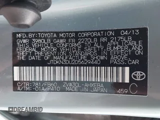 2013 Toyota Prius One z VIN JTDKN3DU2D5629440, wystawiony jako IAAI lot #41910246 z przebiegiem 136 767 mil mil oraz . Historia ofert i sprzedaży dostępna na DreamBid. Obrazek 9.