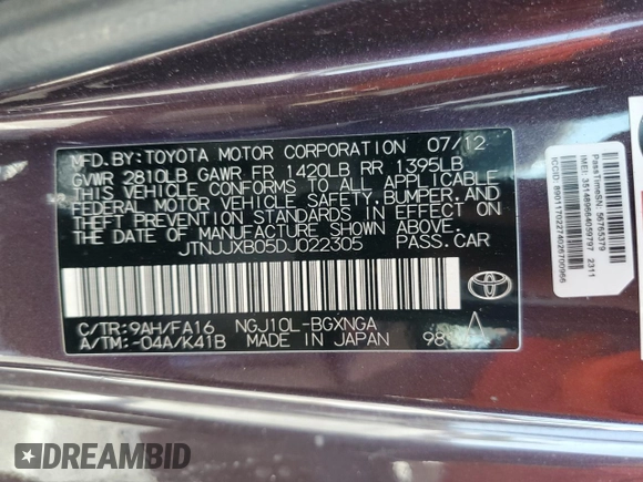 2013 Scion iQ with VIN JTNJJXB05DJ022305, listed as a Copart auction lot 58787155 with 136,046 mi miles and Salvage title. Bid and sale history available at DreamBid. Image 12.