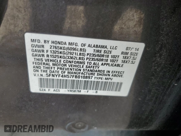2015 Honda Pilot EX-L with VIN 5FNYF4H57FB010897, listed as a Copart auction lot 49316705 with 186,811 mi miles and Salvage Title. Bid and sale history available at carsss.com. Image 14.