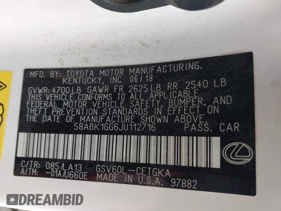 2018 Lexus ES with VIN 58ABK1GG6JU112716, listed as a IAAI auction lot 41915706 with 59,793 mi miles. Bid and sale history available at carsss.com. Image 9.