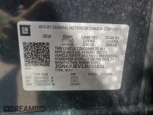2018 Chevrolet Equinox LT with VIN 2GNAXJEV1J6291831, listed as a Copart auction lot 52679995 with 83,191 mi miles and Salvage title. Bid and sale history available at DreamBid. Image 13.